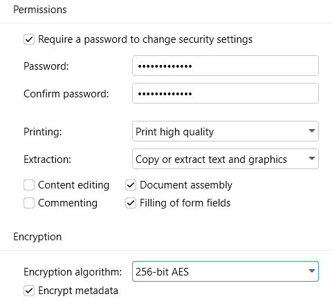 PDF Extra: permissions password settings